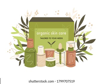 Conjunto vectorial de productos naturales de belleza orgánicos en una caja de regalo ecológica reciclable con hojas al fondo. Cuidado de la piel en jarras, tubos de crema, antioxidante, suero, tóners, esencia.