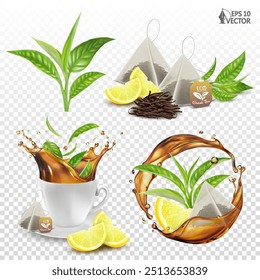 Vector set of natural organic tea. Realistic transparent splash of tea with lemon. Citrus aroma. Green leaves falling into a cup, shape crown splash. 3D isolated food illustration