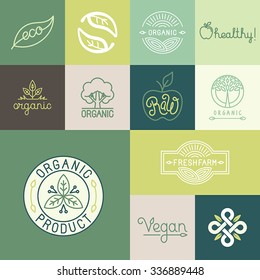 Vector set of natural, organic, vegan badges and logo design templates in trendy linear and flat style - collection of design elements, icons and emblems for fresh and healthy products 