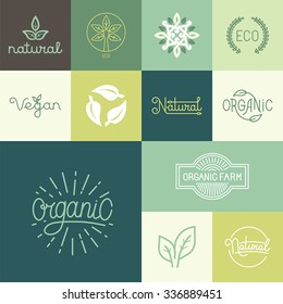 Conjunto vectorial de placas naturales, orgánicas, veganas y diseños de logotipos en un estilo lineal y plano moderno - colección de elementos de diseño, iconos y emblemas para productos frescos y saludables 