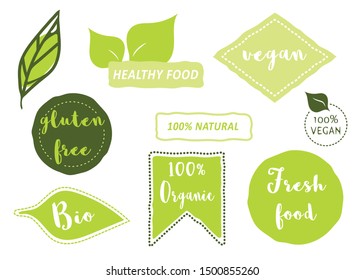 vector set of natural products labels. eco friendly, 100% bio, healthy food badges