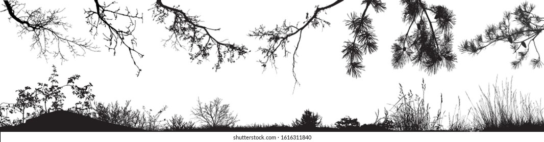 Vector set of natural tree branches, bushes and grass.