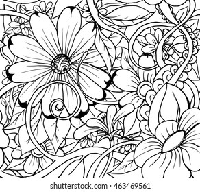 Vector set nature abstract elements in doodle style. Floral, nature, ornate, decorative, tribal compositions. Black and white monochrome background. Zentangle hand drawn coloring book page