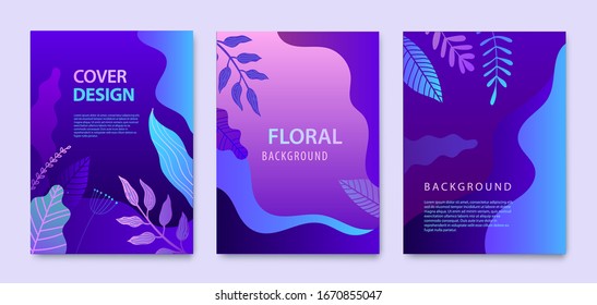 Vector Set of nature covers, brochure, annual report design templates for beauty, spa, wellness, natural products, cosmetics, fashion, healthcare. Purple plants, waves dynamic concept 