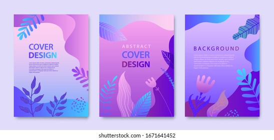 Vector Set of nature covers, brochure, annual report design templates for beauty, spa, wellness, natural products, cosmetics, fashion, healthcare. Purple plants, waves dynamic concept 