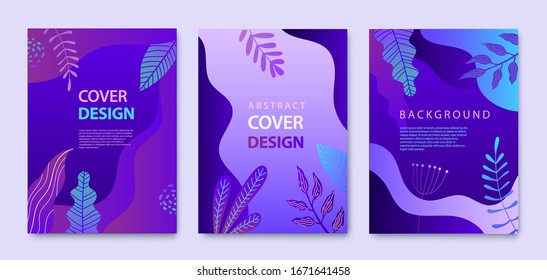 Vector Set of nature covers, brochure, annual report design templates for beauty, spa, wellness, natural products, cosmetics, fashion, healthcare. Purple plants, waves dynamic concept 