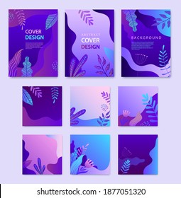 Vector Set of nature covers, square cards, brochure, annual report design templates for beauty, spa, wellness, natural products, cosmetics, fashion, healthcare. Purple plants, waves dynamic concept