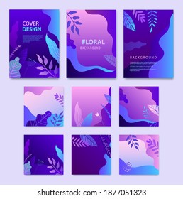 Vector Set of nature covers, square cards, brochure, annual report design templates for beauty, spa, wellness, natural products, cosmetics, fashion, healthcare. Purple plants, waves dynamic concept