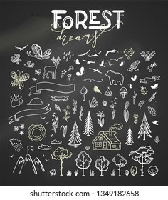 Vector set of nature doodles. Trees, wild animals, mountains, clouds, butterflies, flowers, leaves, etc. Illustrations is cartoon style isolated on a white background.