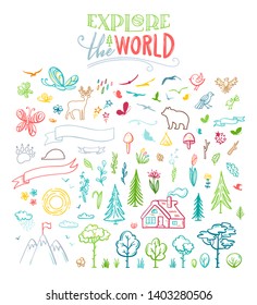 Vector set of nature doodles. Trees, wild animals, mountains, clouds, butterflies, flowers, leaves, etc. Illustrations is cartoon style isolated on a white background.