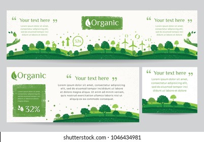 Vector set of nature, ecology, organic, environment banners. Web banner of Clean green environment with grunge style