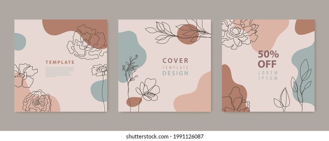 Conjunto vectorial de la naturaleza, antecedentes florales, historias en medios sociales, posts de diseños de fuentes. Burla de marco texturizado. Uso para belleza, joyas, moda, cosméticos, bodas, verano.Plantas lineales, flores dibujadas a mano