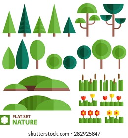 Vector Set Of Nature Icons In A Flat Style. Trees, Shrubs, Grass, Flowers, Reeds And Other Natural Objects.