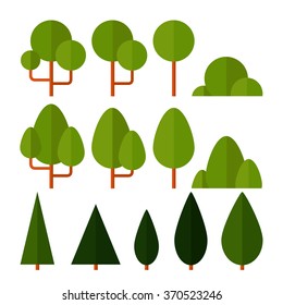 Vector set of nature icons in a flat style. Different kinds of trees, spruce, pine, shrubs. Eco. For your design