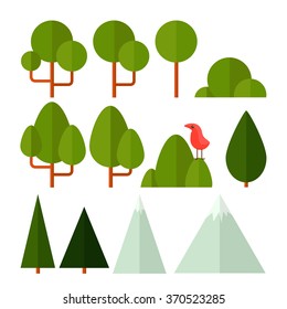 Vector set of nature icons in a flat style. Trees, shrubs, grass, flowers, reeds and the mountains for your design