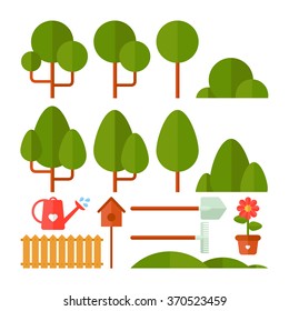 Vector set of nature icons in a flat style. Garden, garden tools, flowers, seedlings, gloves, watering can for your design