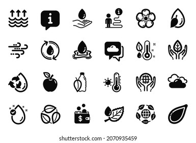 Vector Set of Nature icons related to Pumpkin seed, Thermometer and Organic tested icons. Windy weather, Water drop and Natural linen signs. Recycle water, Weather thermometer and Leaves. Vector