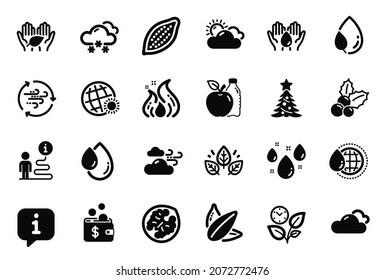 Vector Set of Nature icons related to Christmas tree, Leaf dew and Apple icons. Snow weather, Windy weather and World water signs. Oil drop, Fire energy and Safe water. Walnut, Wind energy. Vector