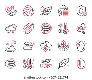 Vector Set of Nature icons related to Eco energy, Thunderstorm weather and Leaves icons. Leaf dew, Organic tested and Vitamin e signs. World water, Fair trade and Pecan nut. Bio shopping. Vector