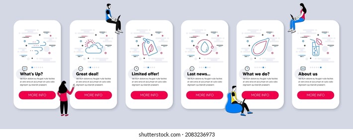 Vector Set of Nature icons related to Bio tags, Windy weather and Cold-pressed oil icons. UI phone app screens with teamwork. Pumpkin seed, Sunny weather and Water glass line symbols. Vector