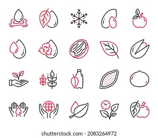 Vector Set of Nature icons related to Peanut, Oil drop and Water splash icons. Safe water, Leaves and Macadamia nut signs. Eco food, Organic tested and Leaf. Mineral oil, Pistachio nut. Vector