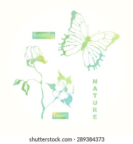 vector set of nature illustrations with watercolor texture