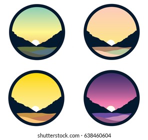 Vector set 
nature landscape in circle frames
mountains, sunset, sunrise