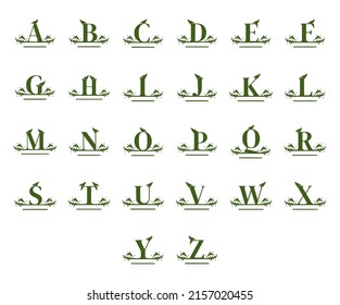 Vector set nature name monogram isolated on white background. Creative letters and numbers symbols in doodle style.