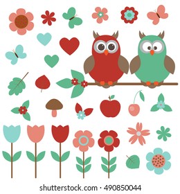 Vector set of nature. Owls sitting on a branch, among the plants and butterflies.