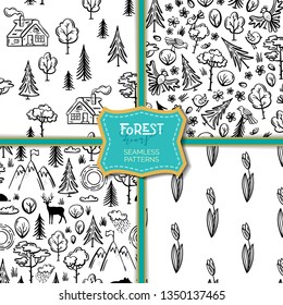 Vector set of nature seamless patterns. Linear house in the woods, trees and bushes, wild deer, bear, hedgehog, flowers and butterflies. Black and white boundless backgrounds for your design.