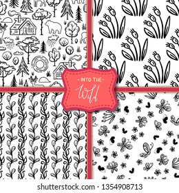 Vector set of nature seamless patterns. Linear house in the woods, trees and bushes, wild deer, bear, hedgehog, flowers and butterflies. Black and white boundless backgrounds for your design.