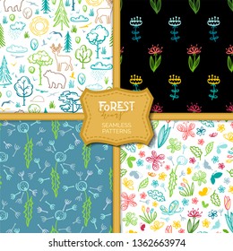 Vector set of nature seamless patterns. Linear trees and bushes, wild deer and bear, flowers and butterflies. Bright boundless backgrounds for your design.