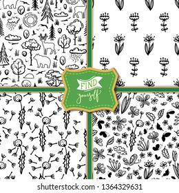 Vector set of nature seamless patterns. Linear trees and bushes, wild deer, bear, hedgehog, flowers and butterflies. Black and white boundless backgrounds for your design.