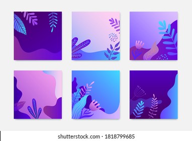 Vector set of nature square cards, backgrounds, banners. illustration floral concept for presentation template, cover and design, marketing material. Gradient leaves, flowers, waves. Abstract frames