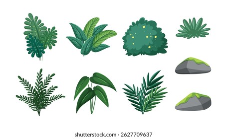 Vector set of nature tropical leaves. Hawaiian plants set. Wildlife green plants and jungle fresh foliage. Vector elements isolated on a white background. Summer set graphic elements in flat design. 