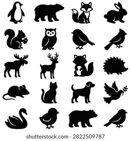 Vector set of nature wildlife creatures. Animal silhouettes including bear penguin squirrel owl and woodland birds.