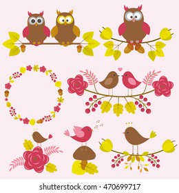 Vector set of nature-themed. Autumn trees and flowers, sitting on them, birds, couples.