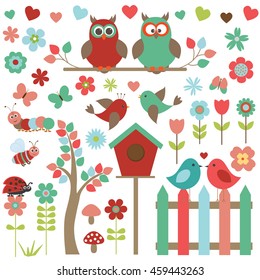 Vector set of nature-themed and birds. Owls and other lovers of birds, insects, trees and flowers.