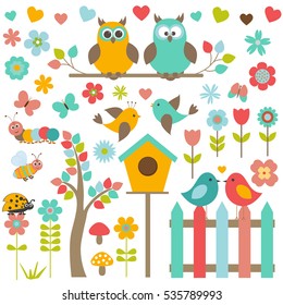 Vector set of nature-themed and birds. Owls and other lovers of birds, insects, trees and flowers.