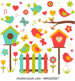 Vector set of nature-themed. Lovers of birds sitting on the trees among the flowers, butterflies and hearts.