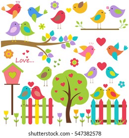 Vector set of nature-themed. Lovers of birds sitting on the branches of trees, fence with birdhouse. Among the flowers and hearts.