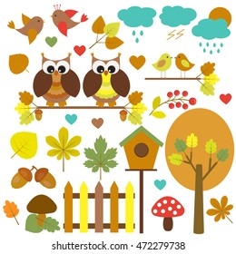 Vector set of nature-themed. Owls sitting on branches and other birds, autumn trees and leaves, mushrooms and acorns, rainy sky.