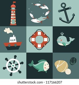 Vector set with nautical design elements - cartoon illustration in retro style