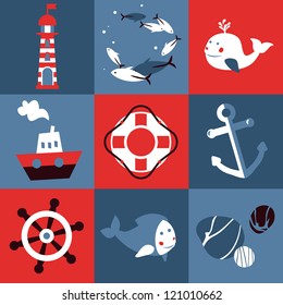 Vector set with nautical design elements - cartoon illustration in retro style
