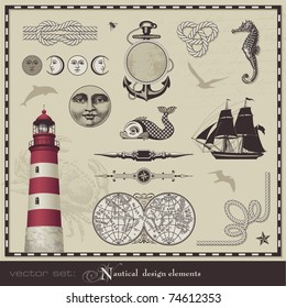 vector set: nautical design elements - set of retro maritime illustrations