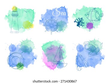 Vector set of nautical elements and banners. Blue vector marine background. Watercolor illustrations.