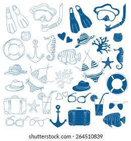 Vector set of nautical elements. Blue vector marine background.