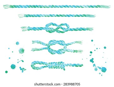 Vector set of nautical elements. Blue marine background. Watercolor elements. Ropes. Blobs, drops.