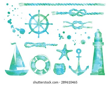 Vector set of nautical elements. Blue vector marine background. Watercolor sea elements. Isolated elements for easy use. 