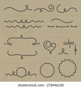 Vector set nautical elements of the rope. Hand-drawing waves and rope frames, borders. Decorative elements in marine style.